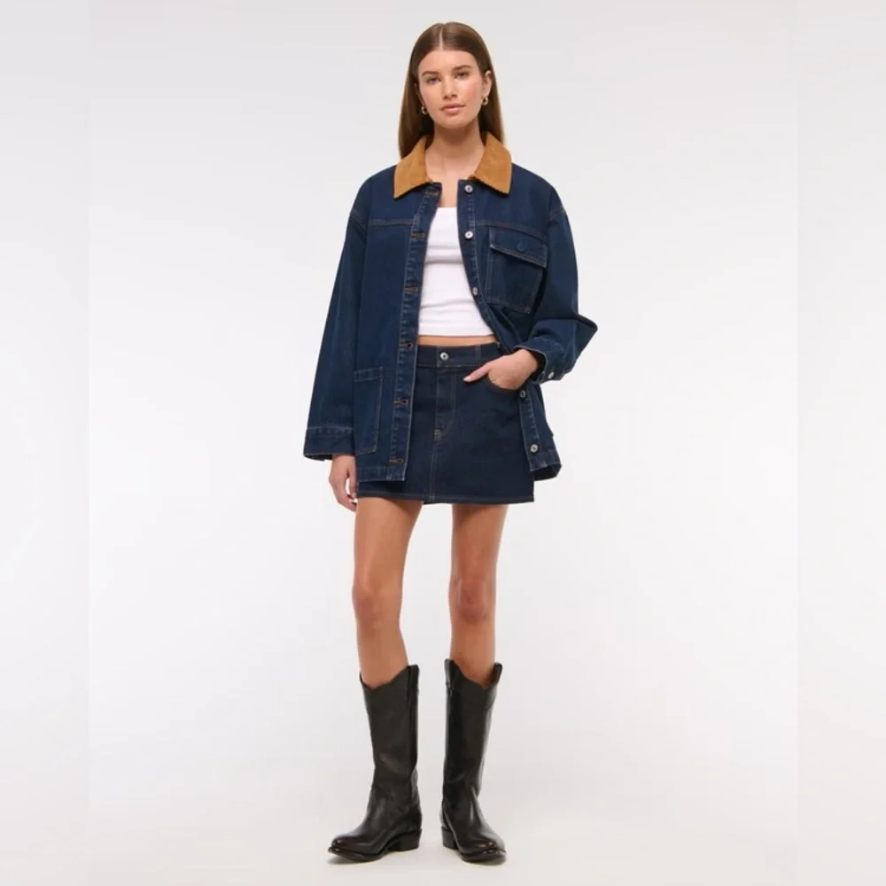 Abercrombie & Fitch Oversized Denim Utility Jacket Sz Large Blue Corduroy Collar - Picture 4 of 8